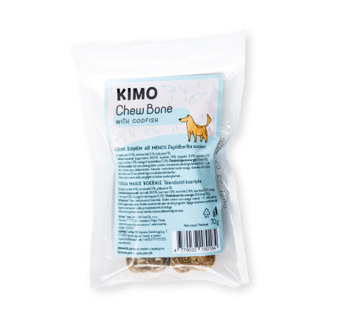 Kimo-chew-bone-with-codfish.png Kimo Chew Bone with Codfish skanėstas – kaulas šunims su menke 70g - Image 1